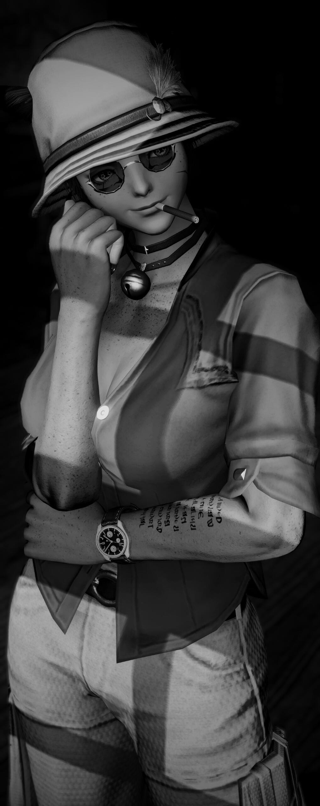 Aellae looking slightly flustered, in short coat and t-shirt.