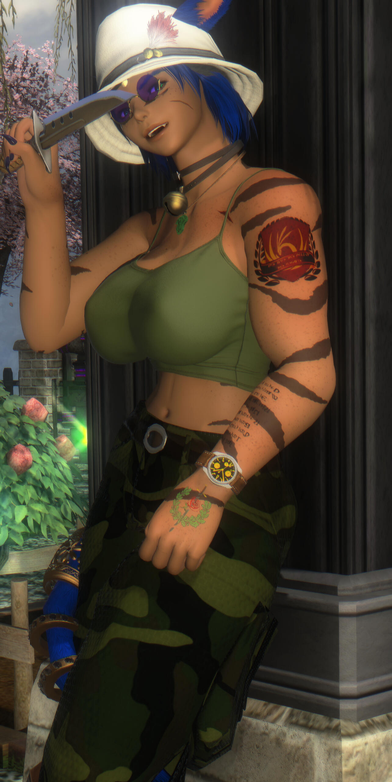 Aellae attired in the manner of a Thavnairan Belly dancer. Attire is in reds and blacks with gold trim.