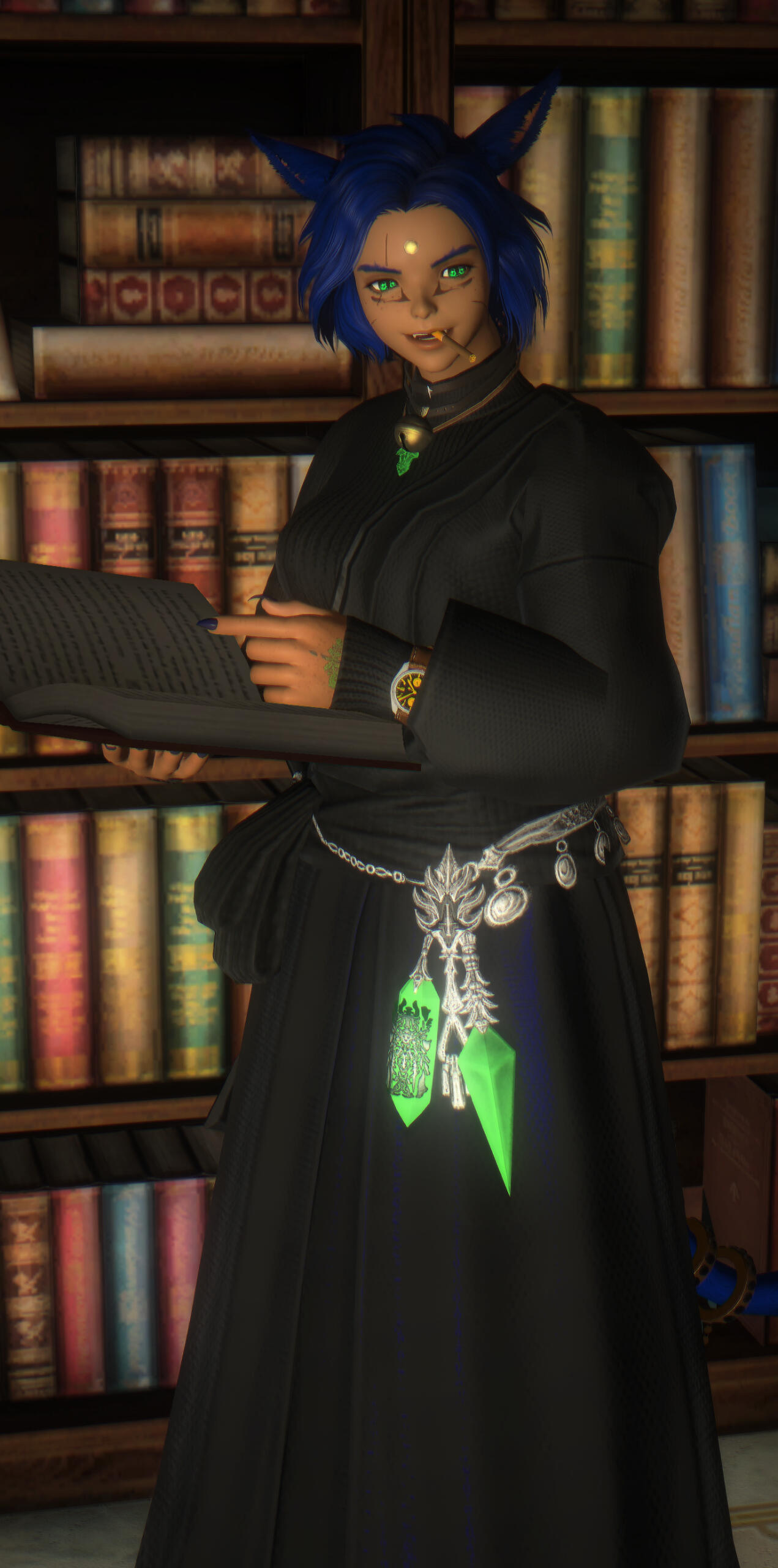 Aellae attired in Ascian robes, in blacks and purples with gold and silver metallics.